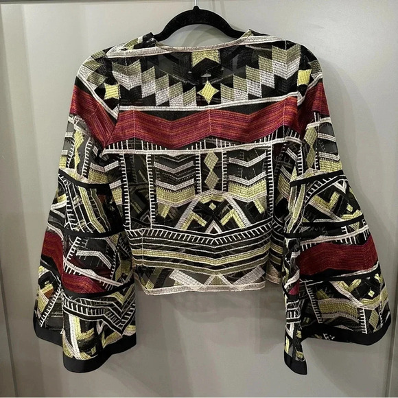 ALEXIS Women's Gem Embroidered Tulle Top Blouse Bell Sleeves Olive Maroon Small - Picture 10 of 10